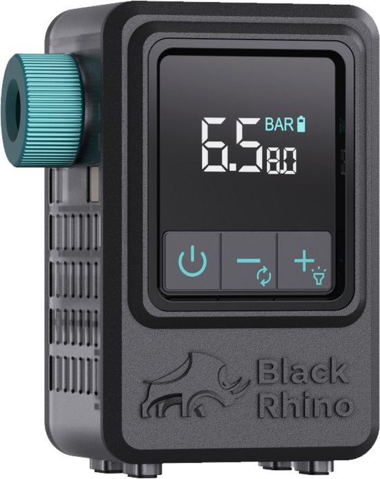 Mini elektrische fietspomp Black Rhino AeroBoost TM-2, licht 137,5g, tot 8,27 bar, Presta & Schrader, digitaal display