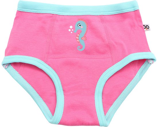Roze oefenbroekje met blauwe bies en een zeepaardje met bubbels.