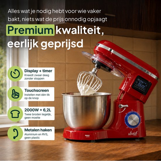 Rode keukenmixer met garde en kom, bewerkt slagroom. Display toont snelheid, timer en pulse.