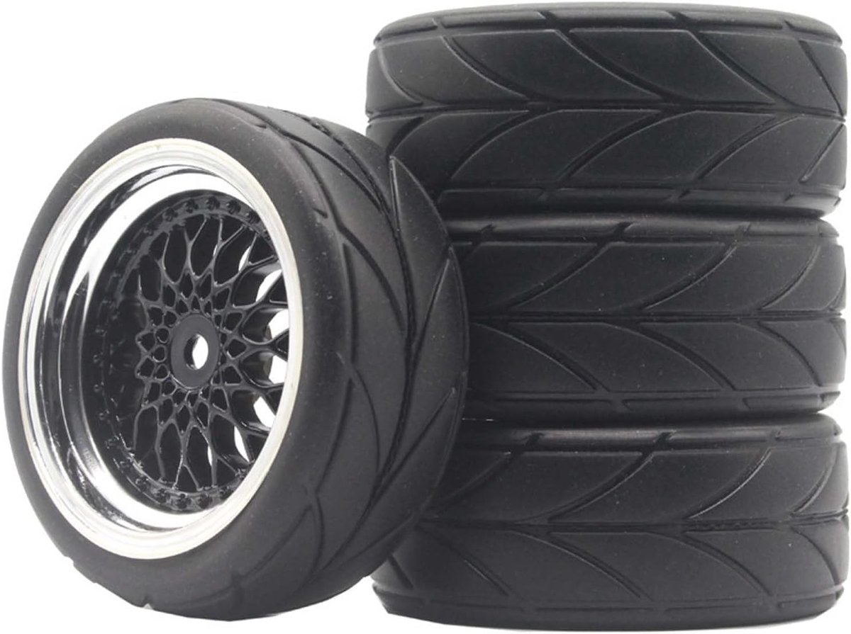 1/10 On Road Banden en Velgen, 64mm Rubber Banden en Plastic Wielen, Onderdelen voor RC Touring Car Racing, 4 Stuks (Zwart/Zilver, Offset 9mm)