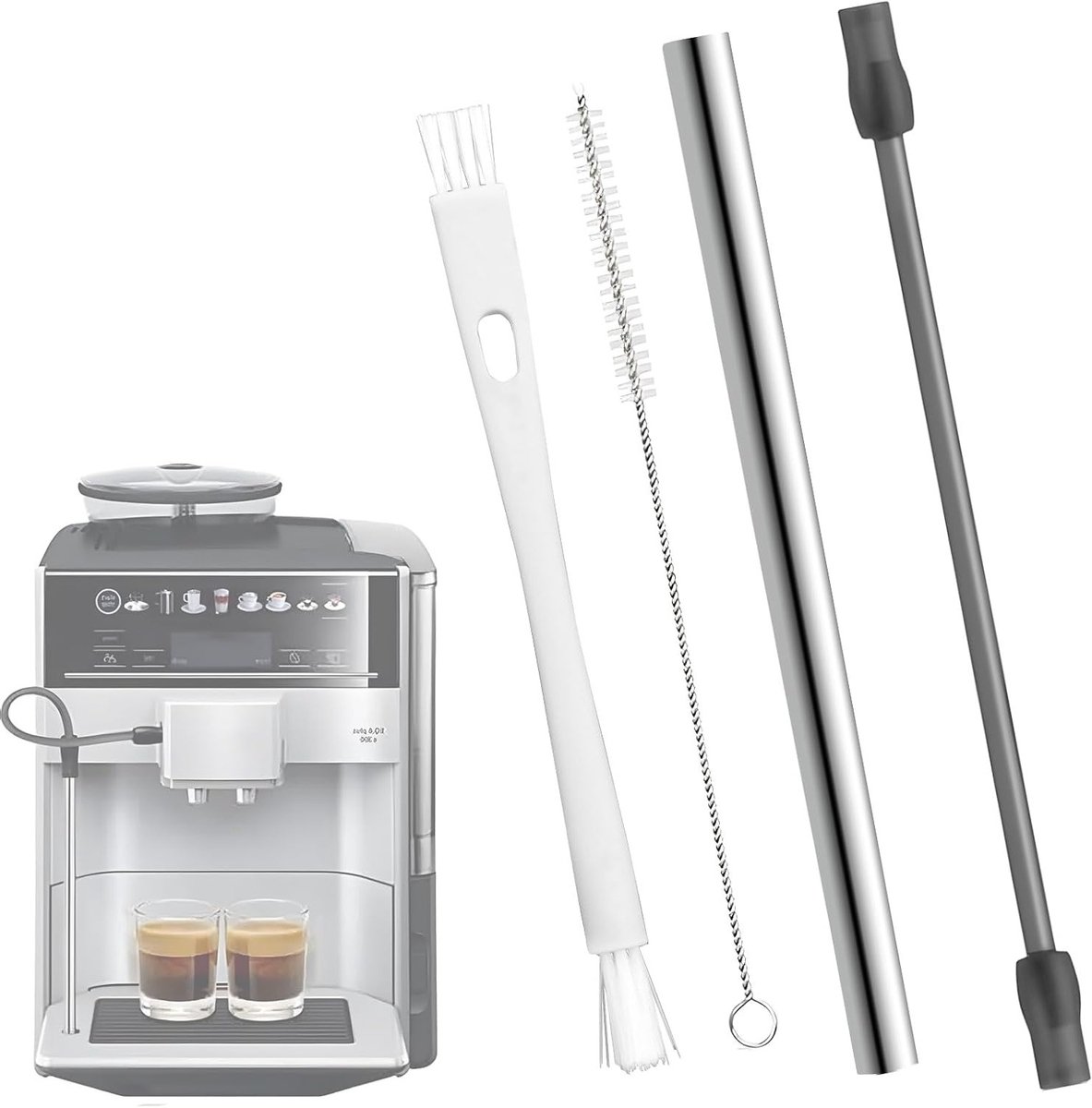 Volledig automatische melkslang en reinigingsborstel set van 4, roestvrij staal, geschikt voor Siemens EQ6 en Bosch Veroaroma koffiemachines
