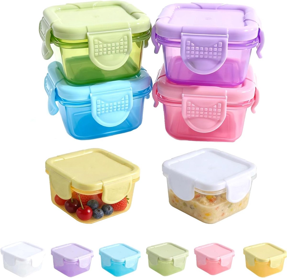 Set van 12 kleine vershoudcontainers met deksel, ideaal voor het bewaren van snacks, fruit en specerijen, perfect voor diepvriesgebruik en maaltijdprep