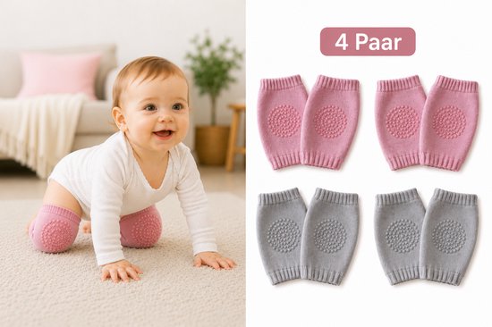 4 Paar Baby Kniebeschermers Anti-Slip – Roze & Lichtgrijs – Knie Sokjes voor Kruipen – Bescherming & Grip voor Baby’s 0-2 Jaar