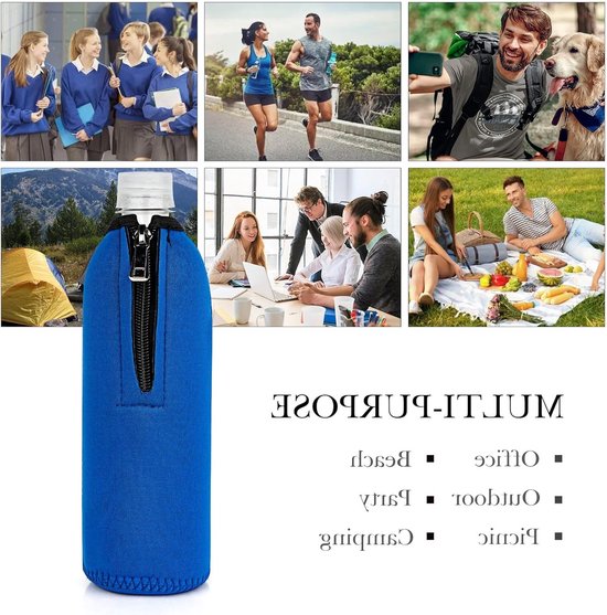 Verstelbare Isolatie Fleshouder voor 16.9 Oz Flessen, Geschikt voor Smartwater en Crystal Geyser, Neopreen Koeler met Rits in Blauw — afbeelding 2