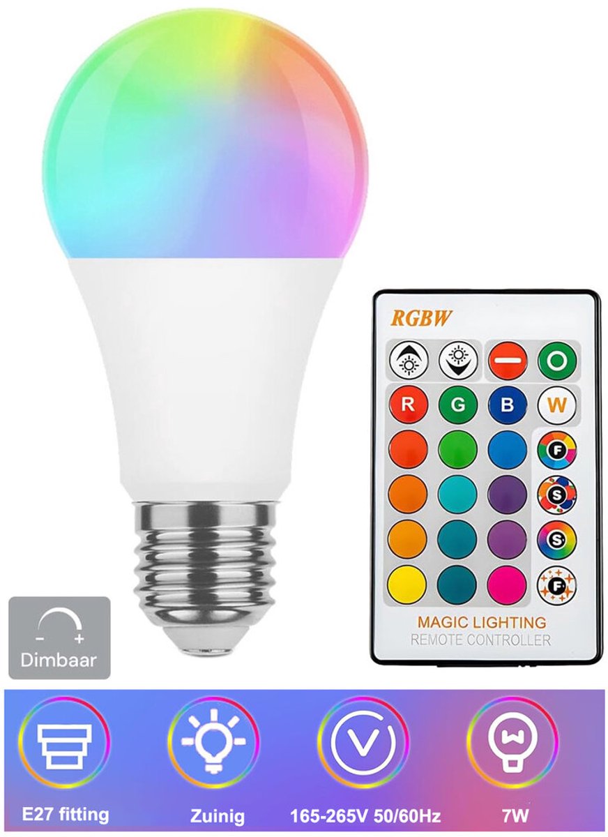 RGBW LED Lamp – E27 – 7W – met Afstandsbediening - Dimbaar licht - Kleur veranderende lamp - disco lamp - feestverlichting - party light