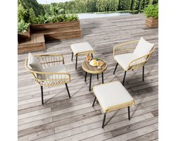 5-Delige Rotan Tuinset - Natuurlijk & Wit - Incl. Tafel, 2 Stoelen & 2 Krukken - Weerbestendig