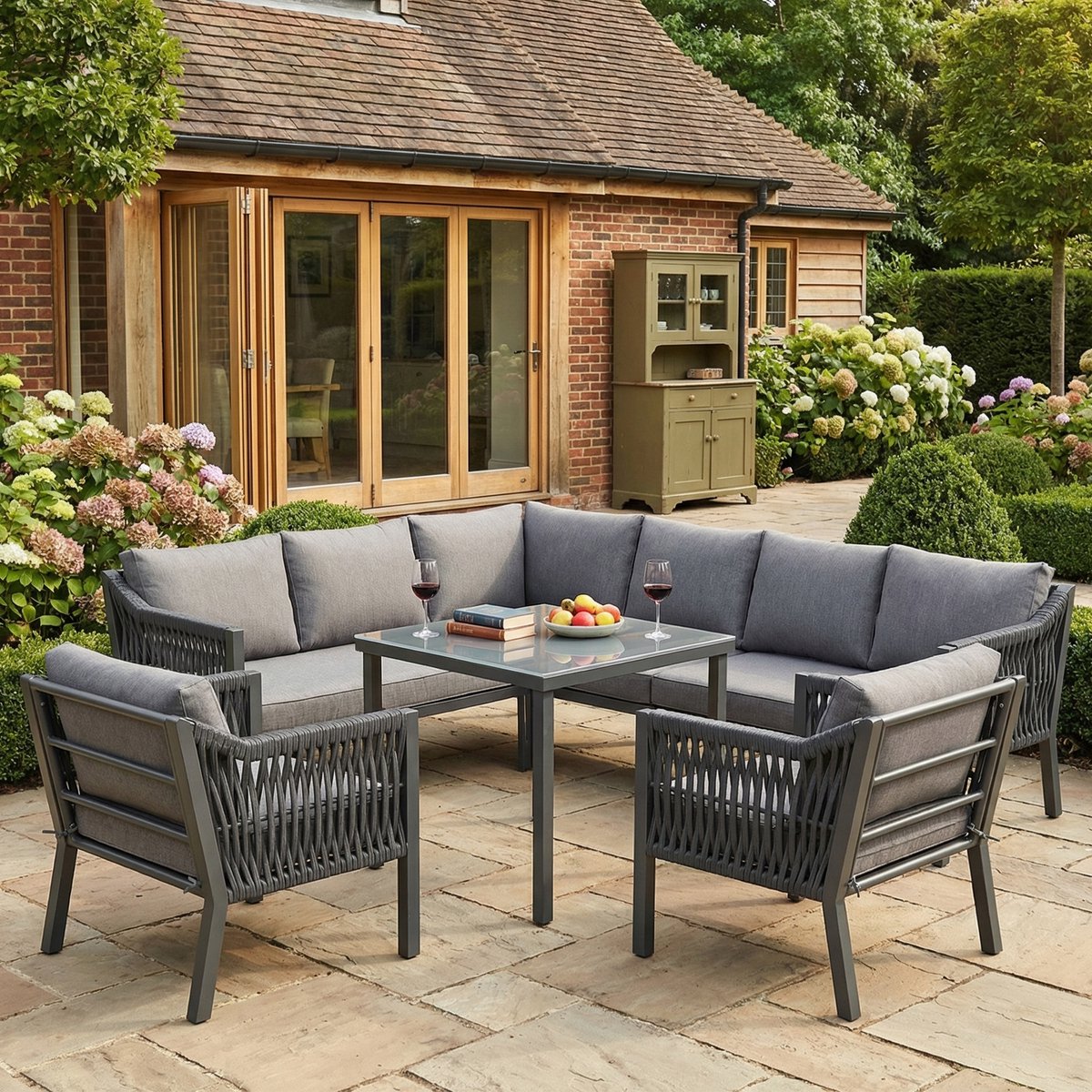 BLACKCOLORS Tuin-eetset 8 pers: hoekbank met glazen tafels thumbnail 7