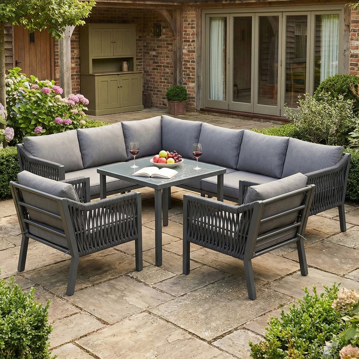BLACKCOLORS Tuin-eetset 8 pers: hoekbank met glazen tafels