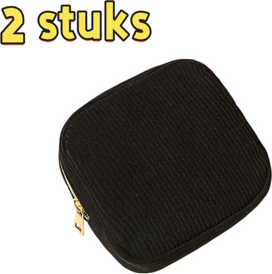 2-delige set - Make-uptas - Opbergtas - Mini opbergtas - Portemonnee - Tasje voor maandverband - Geschikt voor reizen en uitstapjes - 13*4*13 cm - Zwart
