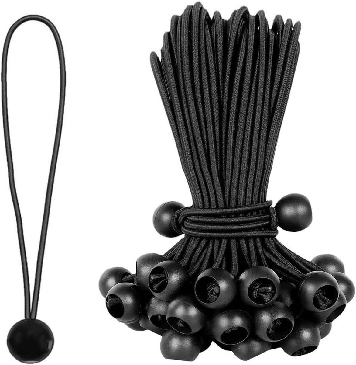 Set van 20 Elastische Spanners van 30 cm met Elastische Bal, Zwart voor Tenten, Gordijnen en Banners - Ideaal voor Bevestigen en Ophangen