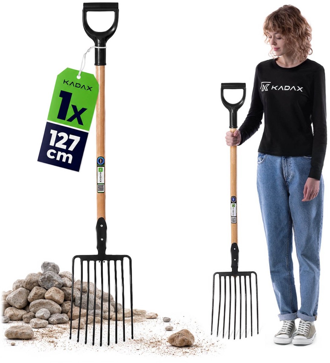 KADAX Stalen vork met D-handvat - Spade, hooi, aardappelen, mest, stenen - zwart