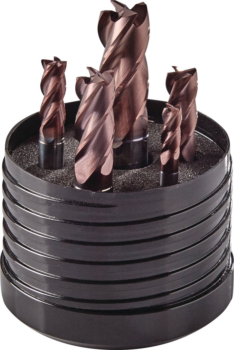 Schaftfreesset DIN 6527L D.6/8/10/12/16mm Z.4 VHM TiAlN 5-delig.Kunststof-box TECWERK