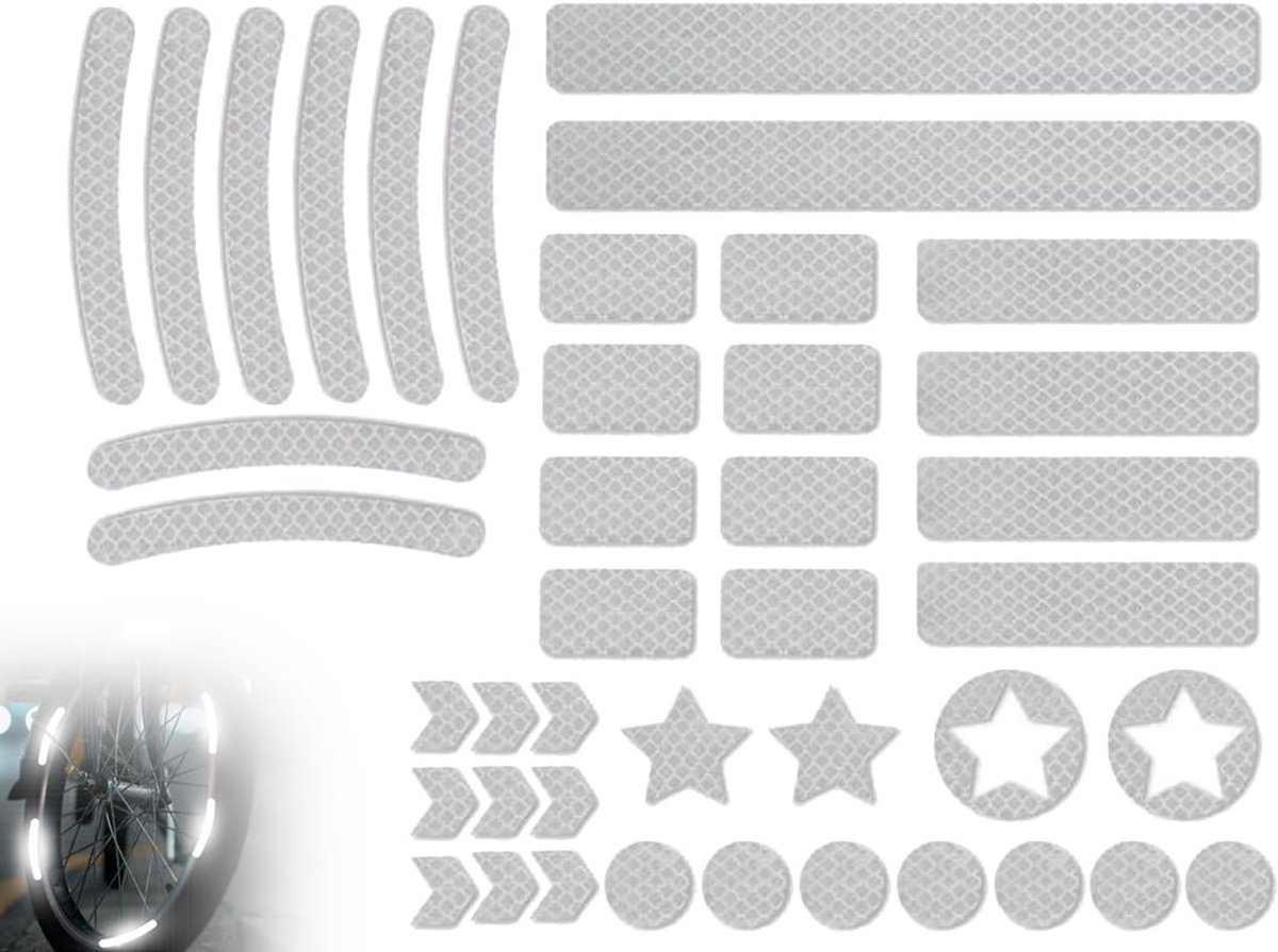 Set van 42 Fietsreflectoren Stickers, Zelfklevende Luminous Stickers voor Veiligheid, Reflexfolie en Reflecterende Band in Diverse Vormen