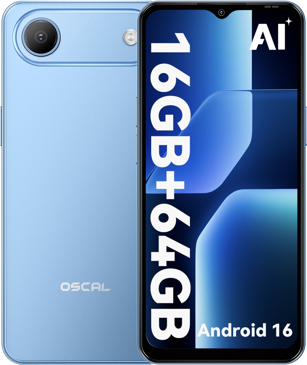 OSCAL FLAT 3C Smartphone-Doke AI 2.0-5000mAh 336Uren-6,56" 180Hz-13MP Camera-16GRAM-64GB 1TB-Draagbare, lichte smartphone-Android 16-Dual SIM Kaart-IJsblauw