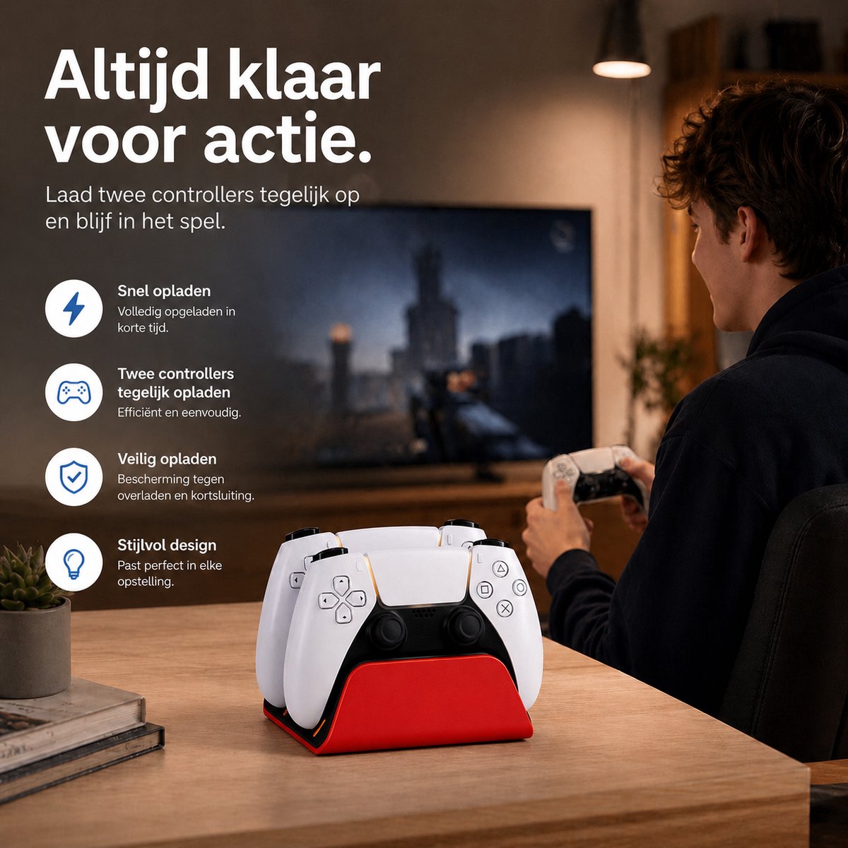Sounix Oplaadstation geschikt voor PS5 / PS5 Slim / PS5 PRO / DualSense Controller - PS5 accessoires - Dual Oplader - Charging Dock - Rood – foto 2