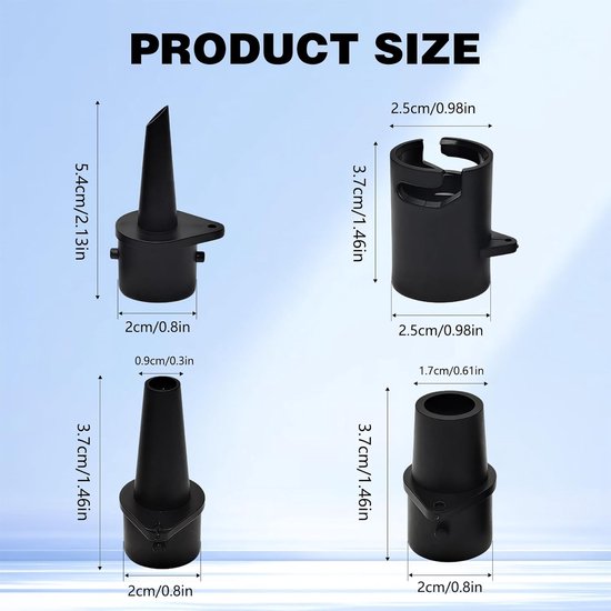 Opblaasbare adapter set - Luchtventiel mondstukken - Watersport accessoires - 4 multifunctionele stuks - Compact formaat - Zwart van Merkloos — afbeelding 5