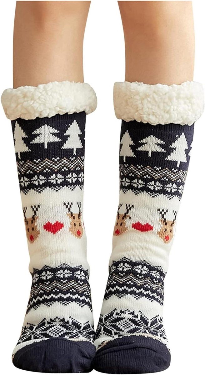 Pluche Sokken Dames - Huissokken Winter - Warmte Thuis - Antislip Zool - One Size - Marineblauw