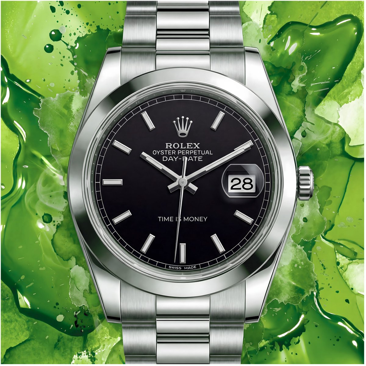 Rolex Day-Date Time Is Money Green - Dibond Wandprint - 150x150 cm - Aluminium Wanddecoratie - Premium Kunstdruk - Luxe Horloge Art