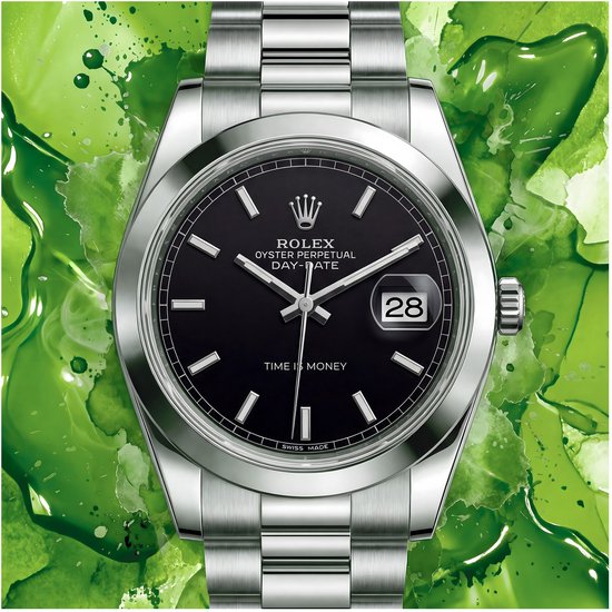 Rolex Day-Date Time Is Money Green - Dibond Wandprint - 150x150 cm - Aluminium Wanddecoratie - Premium Kunstdruk - Luxe Horloge Art