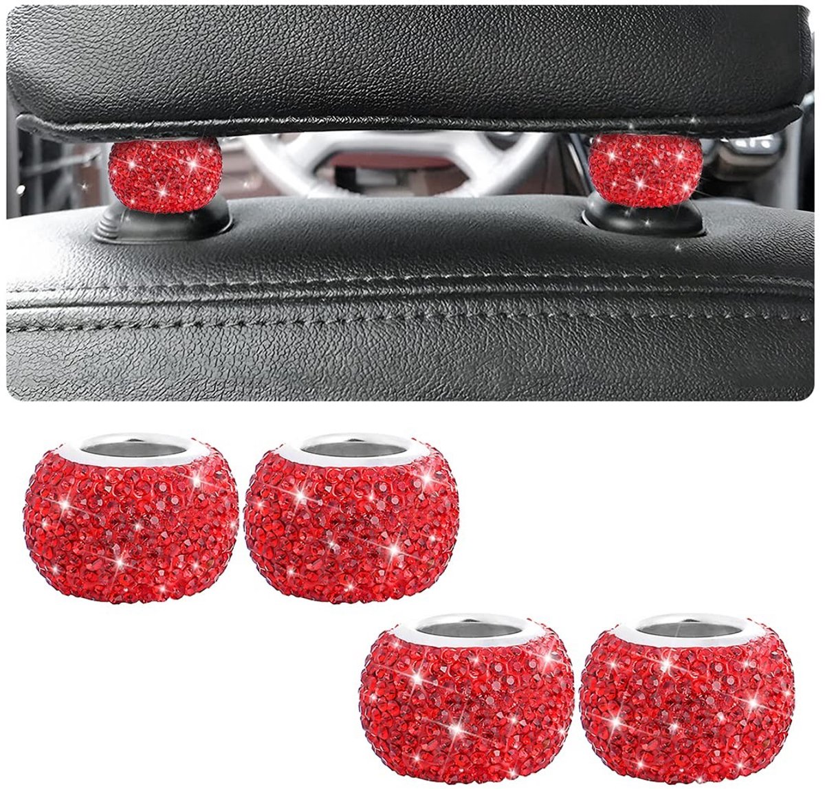 aladdien - Autostoel hoofdsteun ringen - Bling interieurdecoratie - Rood - Universele diamantkristallen - Geschikt voor elk voertuig
