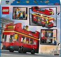LEGO dubbeldekker bus, openklapbaar, met minifiguren en diverse weergaven van de set.