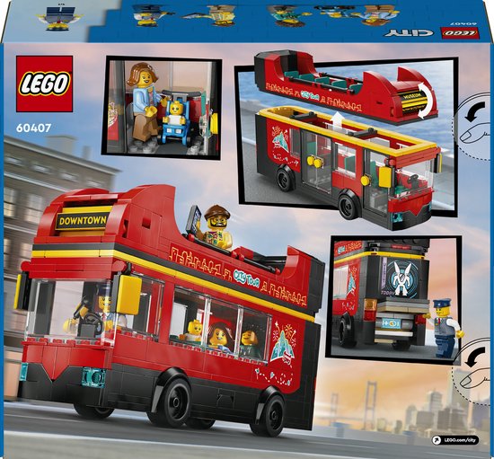 LEGO dubbeldekker bus, openklapbaar, met minifiguren en diverse weergaven van de set.
