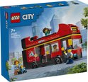 Rode LEGO dubbeldekker bus met 'City Tour' opdruk, gele accenten en minifiguren.