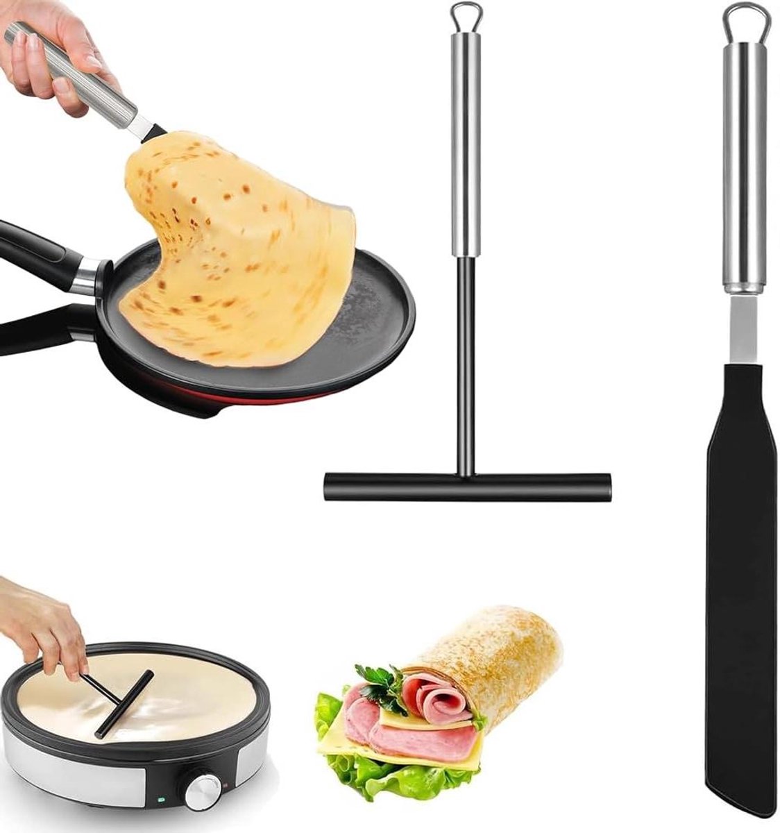 Pannenkoekenset 2-delig - Keukengerei set - Pannenkoeken maken - Roestvrij staal - Complete set - Meerkleurig