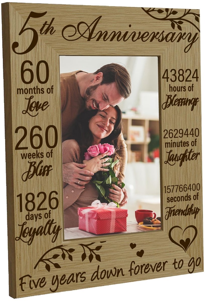 ONF3 - Fotolijst Huwelijk - Gegraveerde Houten Fotolijsten - 5e Verjaardag - 4x6 Inch - Perfect Geschenken voor Bruiloft en Valentijnsdag