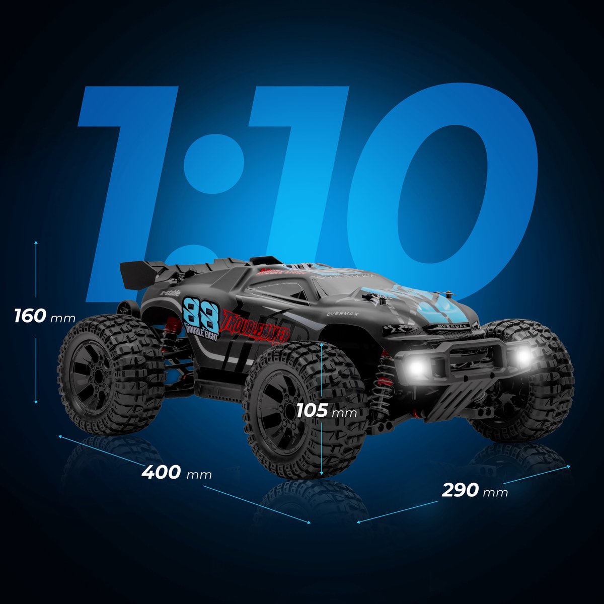 Overmax X-Stable RC auto / RC car – 35 km/h – 4x4 Monster Truck – 1:10 – metalen aandrijving – olie-schokdempers – dubbele LED verlichting – 2 accu’s (tot 40 min rijtijd) – instelbare besturing – actieve rem – offroad terrein model - Bestuurbare Auto — afbeelding 11