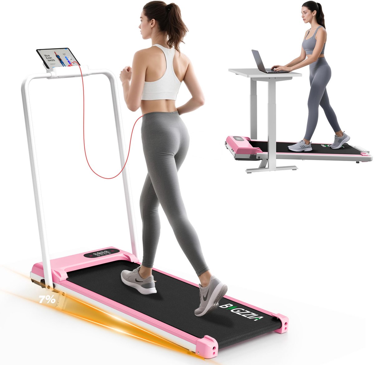 BIGZZIA Opvouwbare loopband met 7% helling - 3-IN-1 loopband Elektrisch met armleuningen - 1-8 km/u instelbaar - Motor 2,5 pk - LED-scherm - max. 130 kg - Geluid<45db - Roze