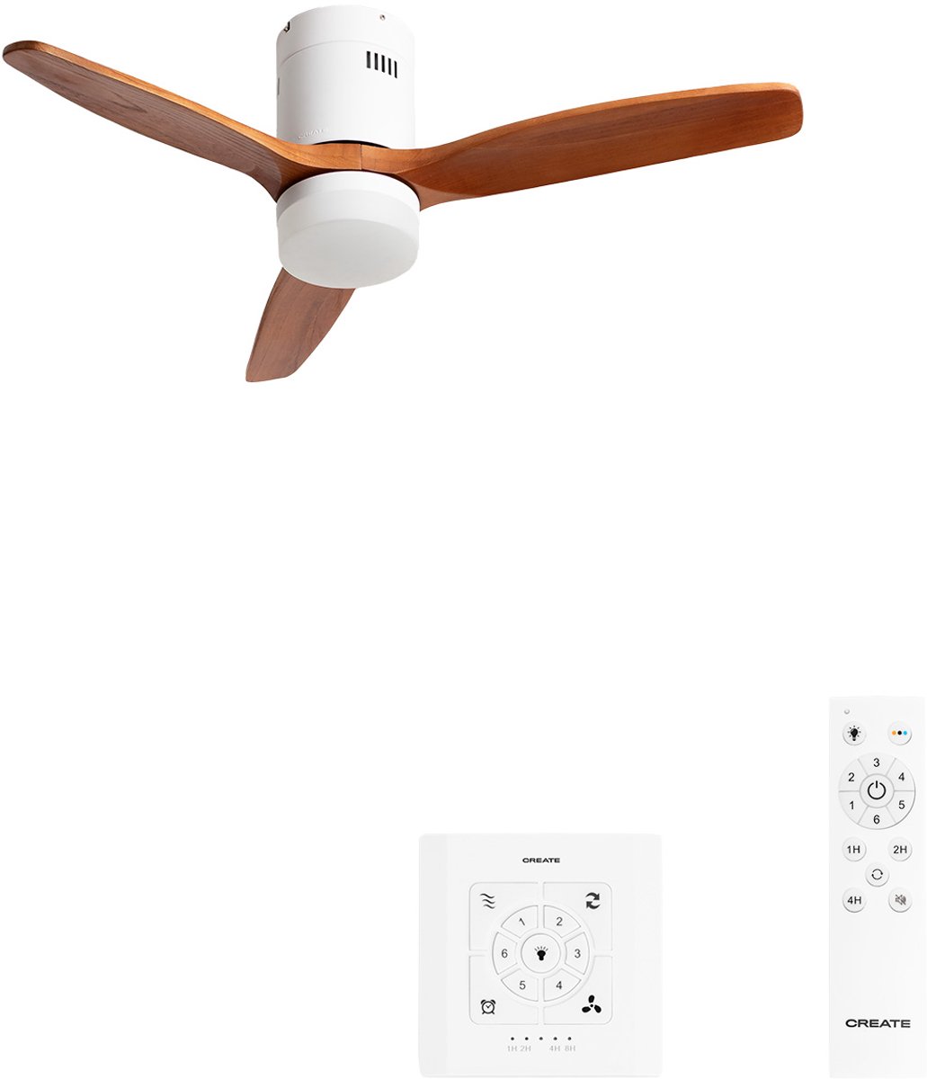 CREATE - Plafondventilator 40W silent 100% hout (Ø132cm) (ruimtes 10m²-25m²) - Wit / Donker hout - Met licht - Controller voor wandmontage + afstandsbediening - WIND CALM NATURAL WOOD