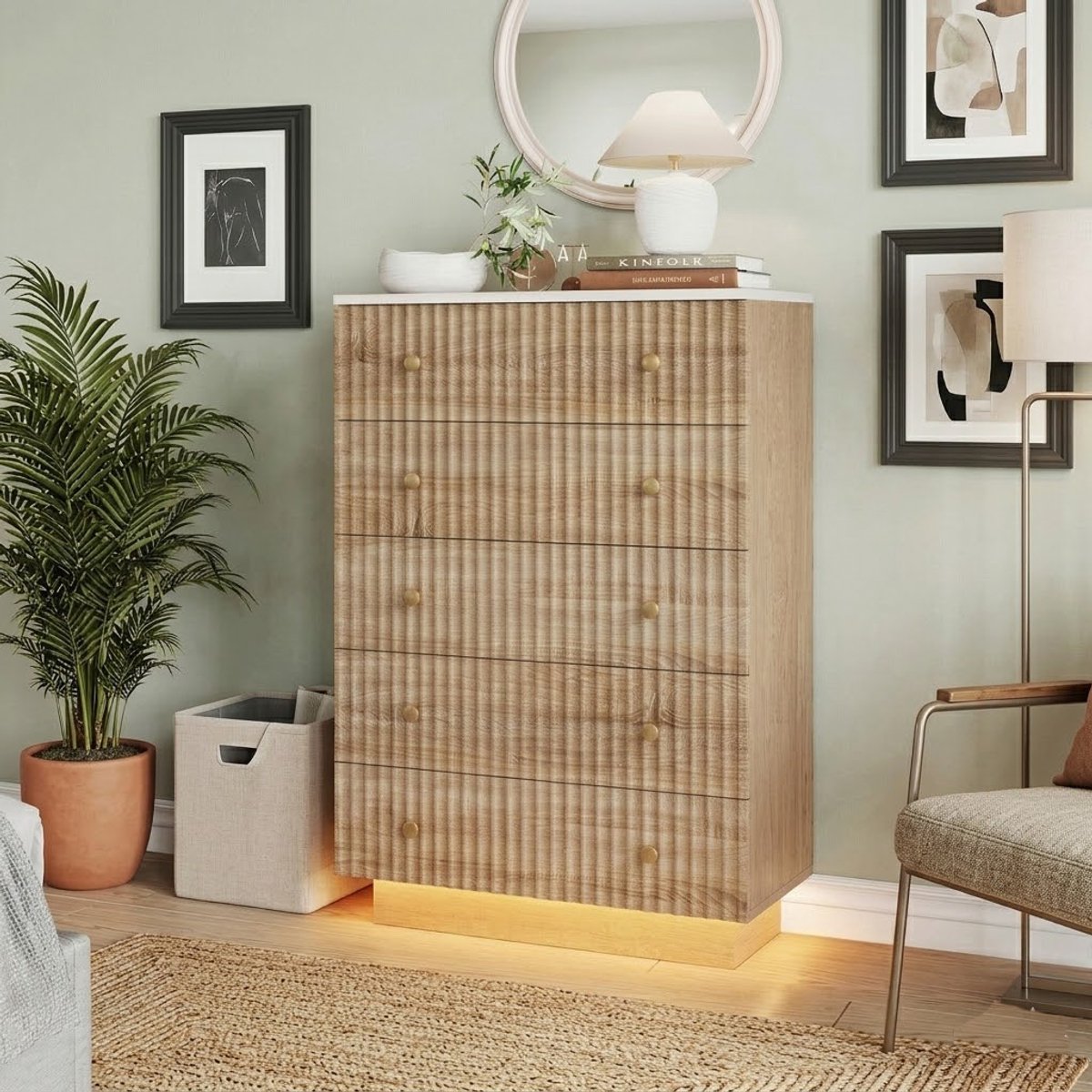 Commode met 5 laden, houten commode, LED-verlichting en grote opbergruimte, opbergmeubel 73x40x111 cm, voor slaapkamer, woonkamer, moderne stijl, licht eikenhout