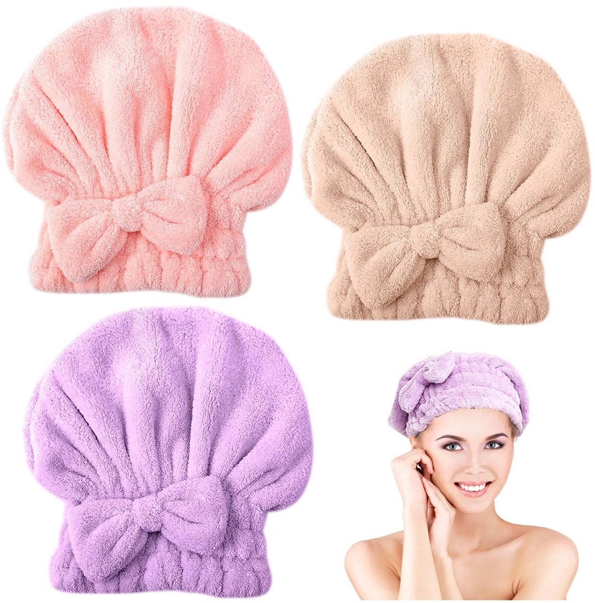 SPHProducts - Haarhanddoek wrap - Snel drogende haarhanddoek - Super absorberend - 3 stuks - Anti-kroes haar - Ideaal voor vrouwen en meisjes