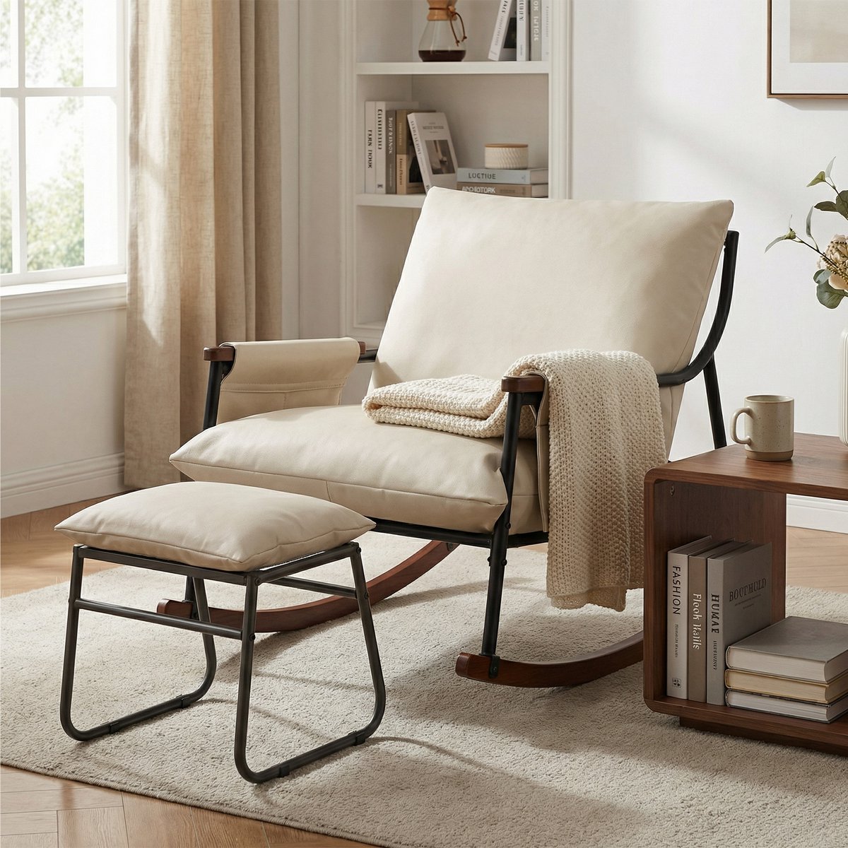 Schommelstoel – Enkele Houten Armstoel – Beige Tech Fabric – Comfortabele Schommelstoel voor Woonkamer, Balkon of Slaapkamer – Ergonomische Schommelstoel met Stevig Frame – Eenvoudige Montage