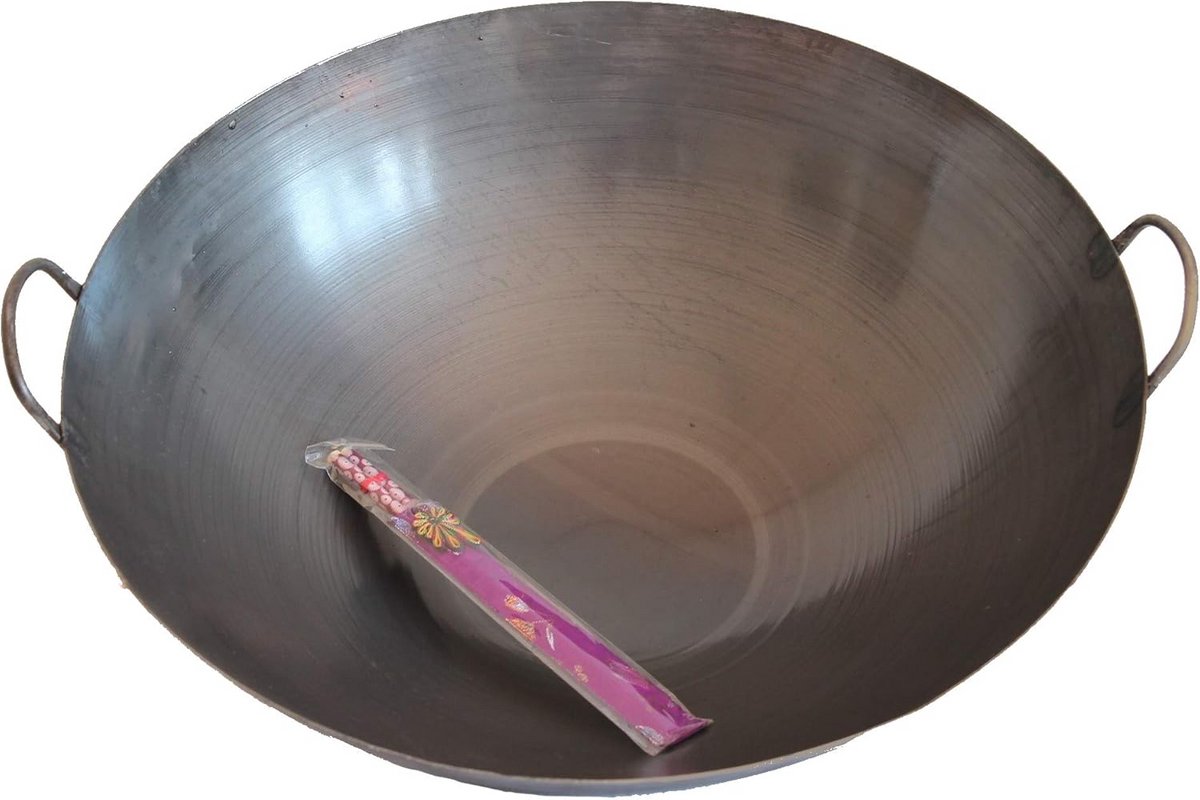 Gietijzeren Wokpan 50 cm met Ronde Bodem en Dubbele Greep