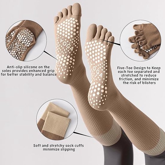 Set van 3 paar antislip compressiesokken voor dames met vijfvingerig ontwerp, geschikt voor yoga, pilates, dans, fitness, barre en gymnastiek, veelkleurig, one size fits all van Merkloos — afbeelding 2