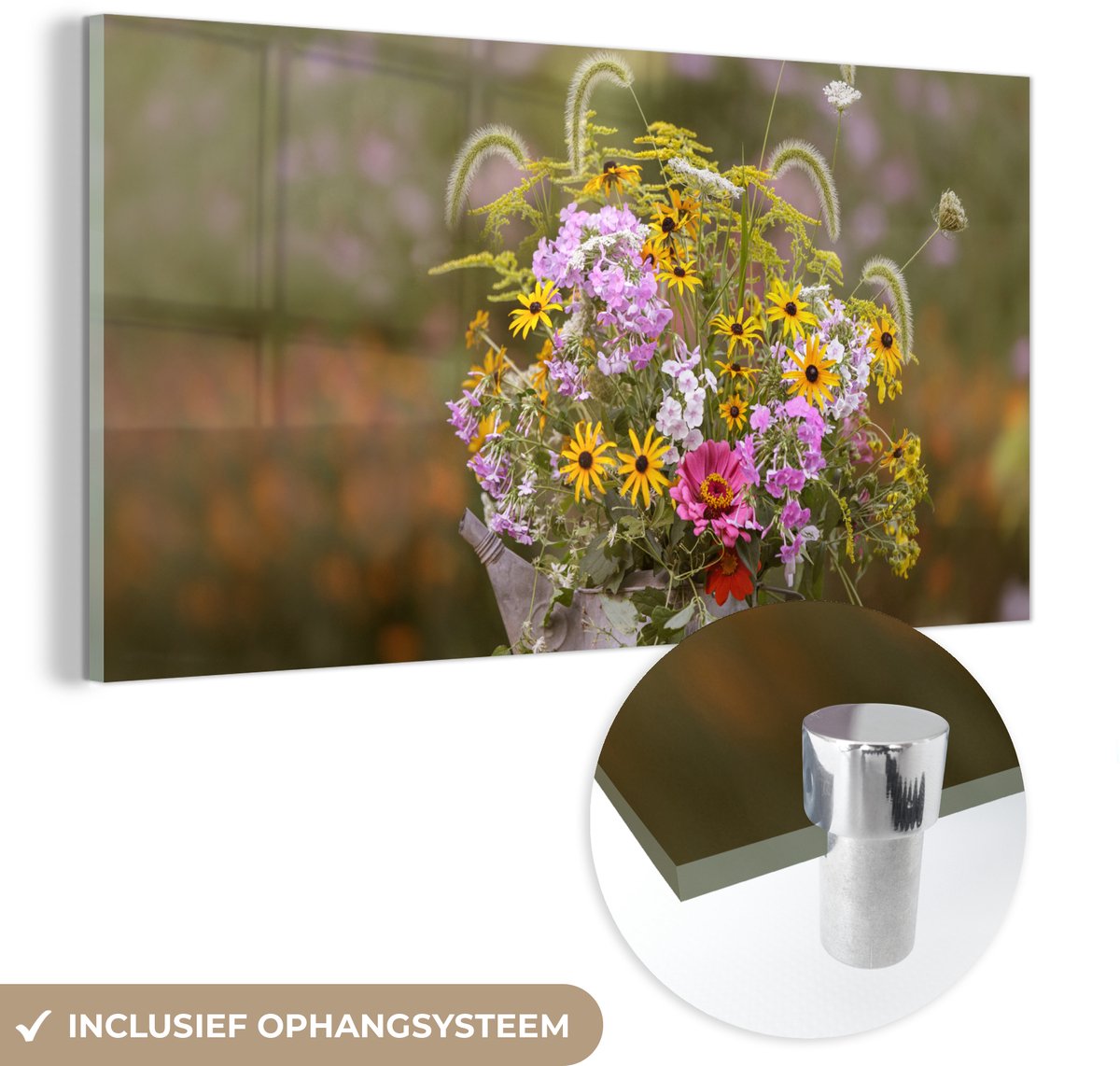 ® Glasschilderij 160x80 cm - Schilderij acrylglas - Bloemen - Gieter - Kleur - Foto op gla