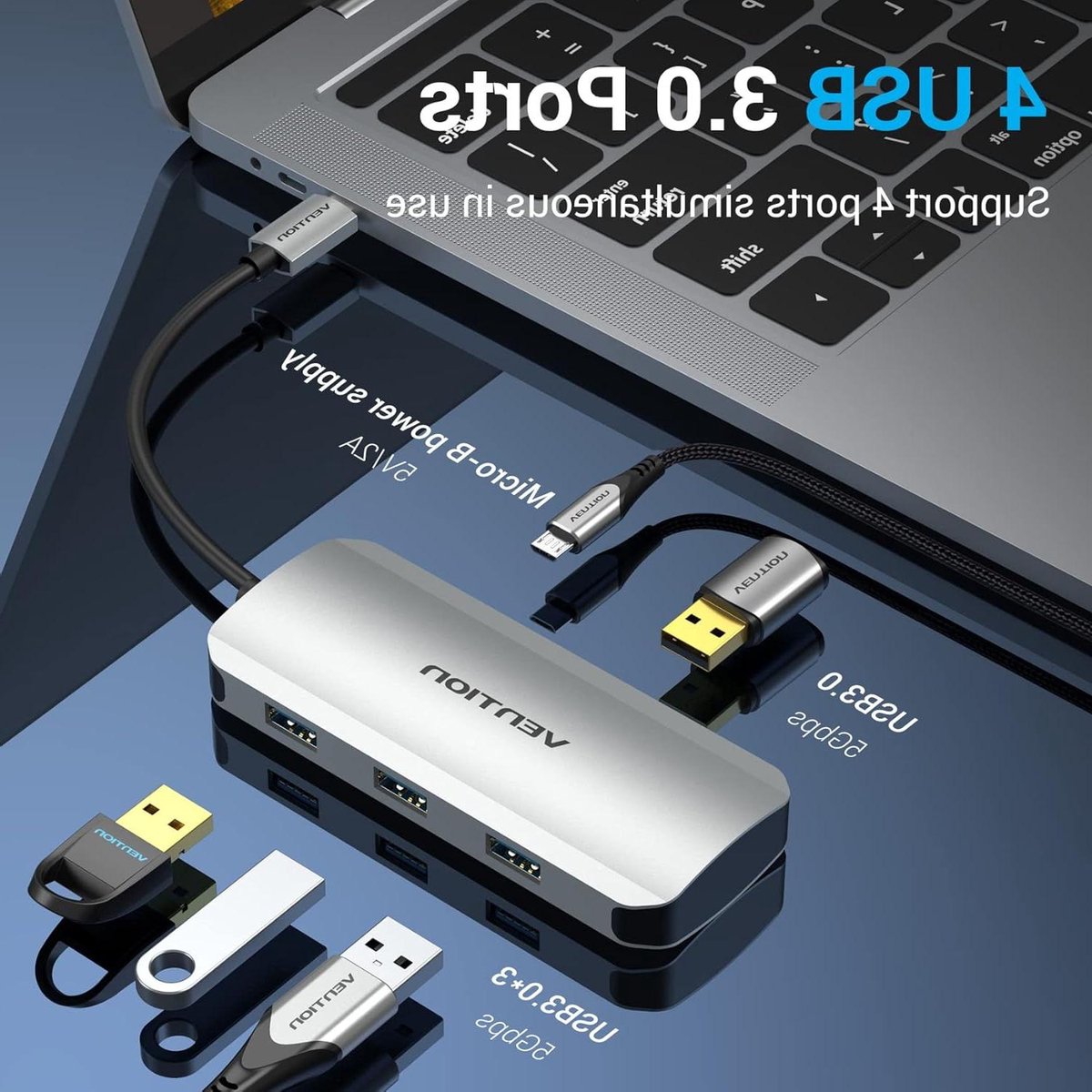 USB C Hub - Poorten Uitbreider - Extra Apparaten - 4 USB 3.0 Poorten - 4-in-1 - Aluminium Kleur