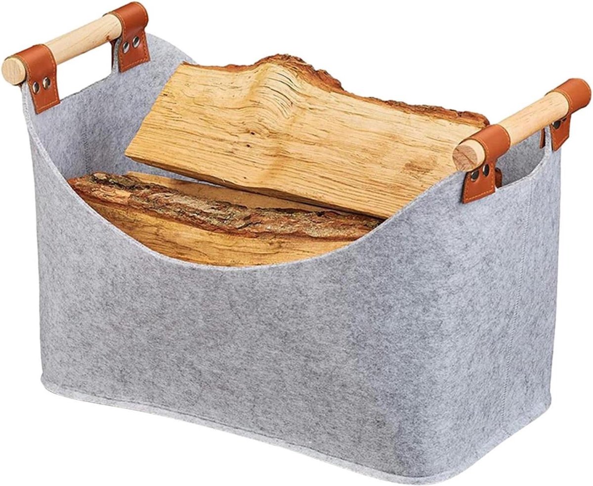 Houten mand - Opbergmand vilten - Haardhout opslag - Versterkte handgreep - 40 x 22 x 27 cm - Grijs