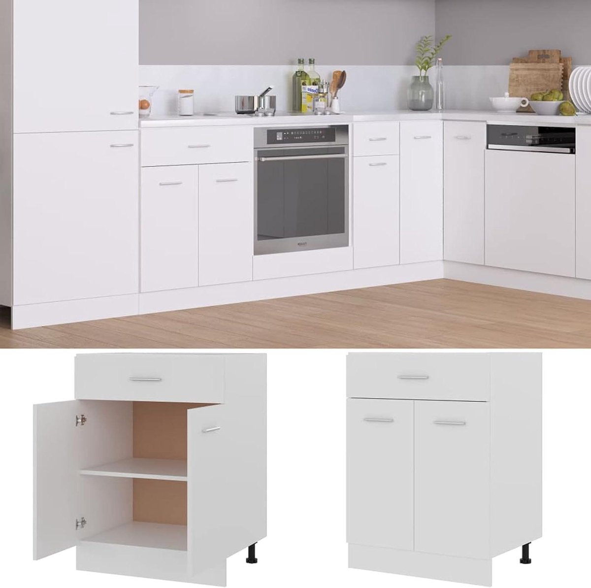 Keukenkast met lade - Opbergkast - Keuken organiseren - Met twee deuren - 60x46x815 cm - Wit