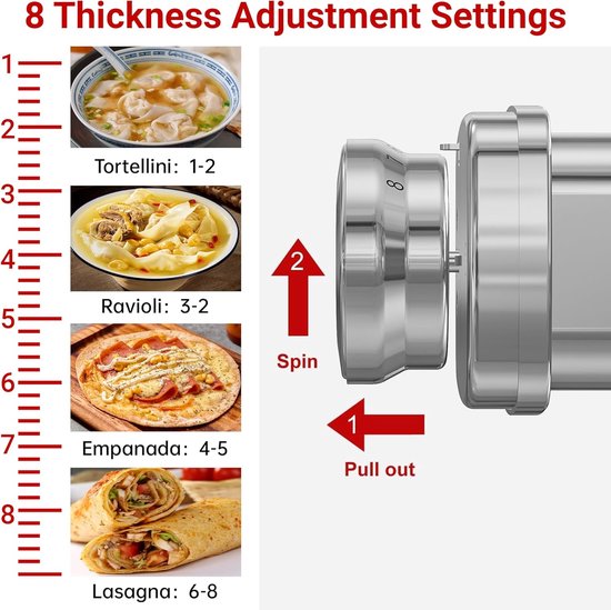 Pastawal Accessoire - Deegrol Opzetstuk - Zelf Pasta Maken - 8 Dikte Niveaus - 0.3-2mm - Zilverkleurig — afbeelding 2