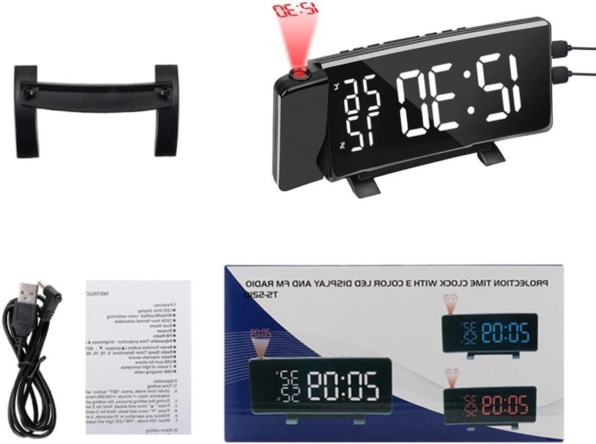 Digitale Projectiewekker - LED Klok - Wakker Worden - Dubbele USB Poorten - 18.5 cm - Zwart