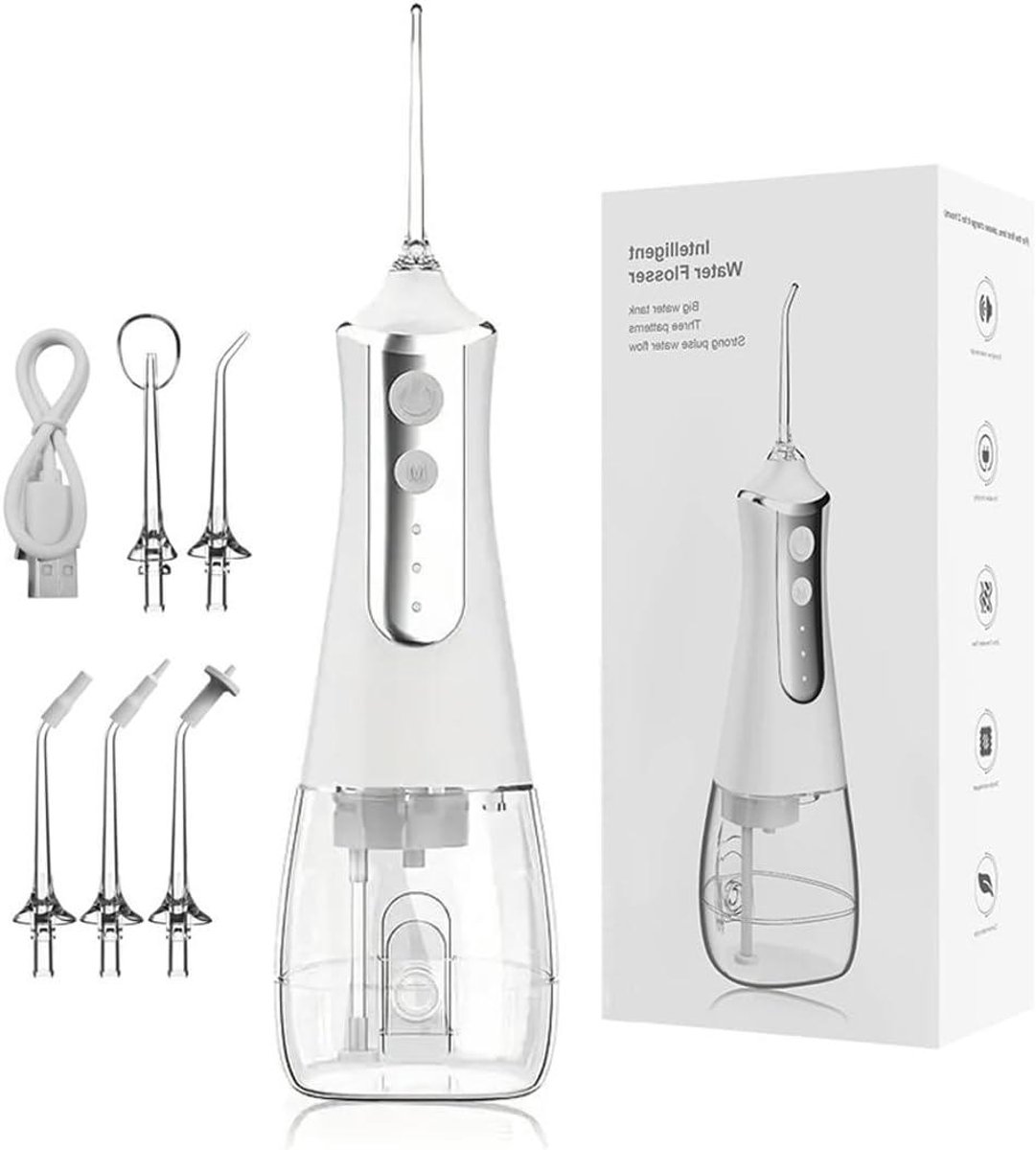 Waterflosser Draadloos - Monddouche Tandenreiniger - Dagelijkse Mondverzorging - 5 Verschillende Mondstukken - 300 ml Tank - Wit