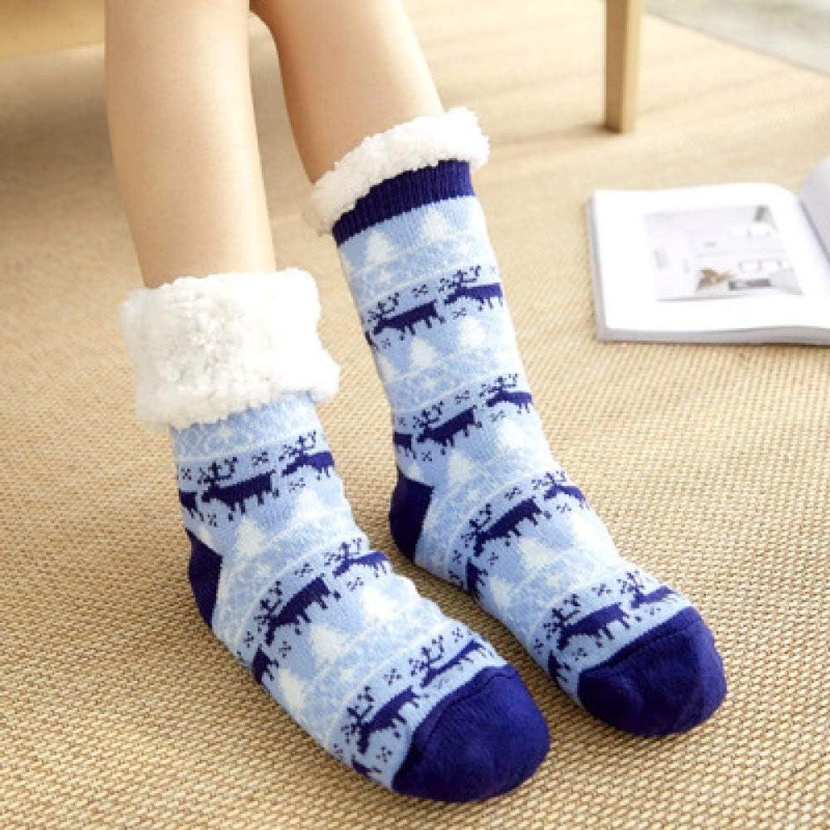 Dames Sok Pantoffels - Huis Sokken - Warm Voeten - Anti Slip Zolen - One Size - Blauw