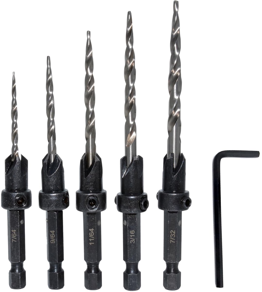 aladdien - Verzinkboor Set - Houtbewerking - 5 Stuks - Hex Shank - 3in1 - Verstelbare Diepte Stop - Quick Release - Geschikt voor precisiewerk - 15 ..