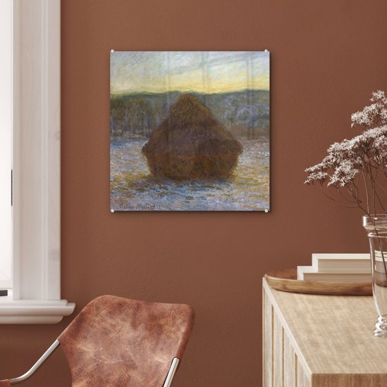 ® Glasschilderij 50x50 cm - Schilderij acrylglas - Hooiberg (dooi, zonsondergang) - Claude Monet - Foto op glas - Muurdecoratie woonkamer - Wanddecoratie slaapkamer - Schilderijen