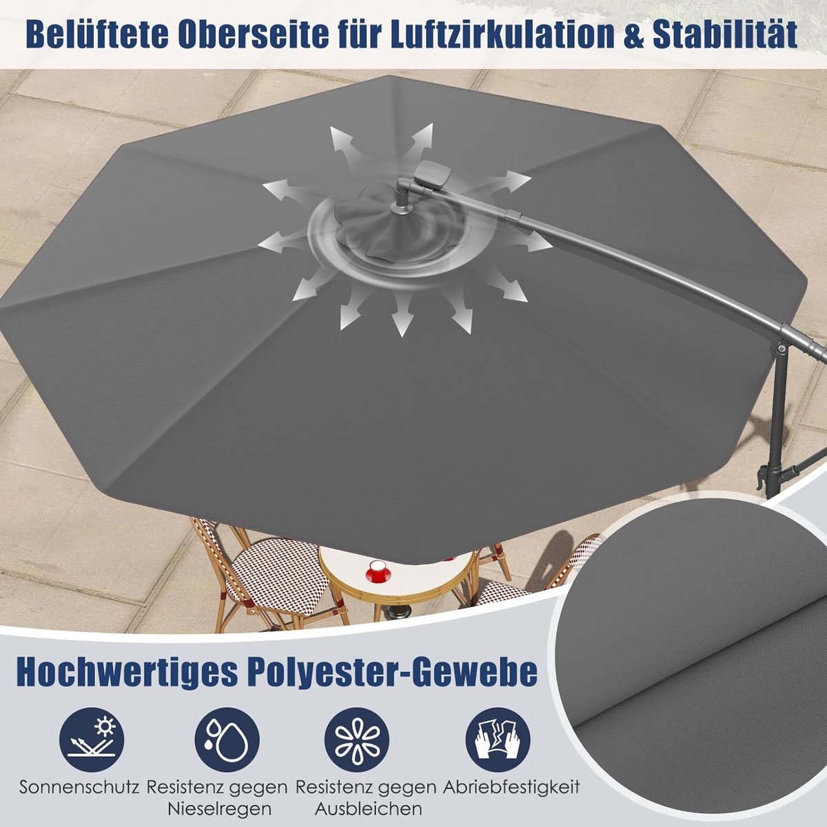 COSTWAY Parasol 300 cm, zweefparasol met 40 ledlampen op zonne-energie en zwengel, tuinscherm, marktparasol, terrasparasol voor tuin, zwembad, terras, antraciet, antraciet, 300 cm – foto 8