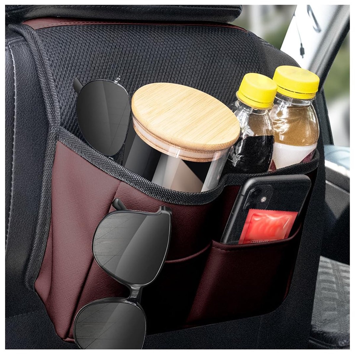 aladdien - PU lederen autostoel opbergtas - Auto organizer - Duurzaam en waterdicht - Bruin - Achterbank organizer - Geschikt voor onderweg - Multi-..