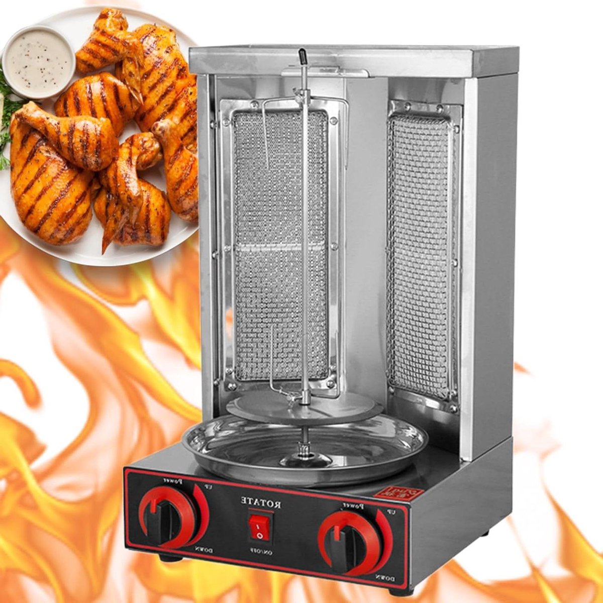 Verticale Grill Draaiende Kebab Vlees Grillen 360 Graden Rotatie 30x30x49 cm Zilver